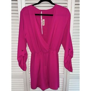 Hot pink, v neck, romper.